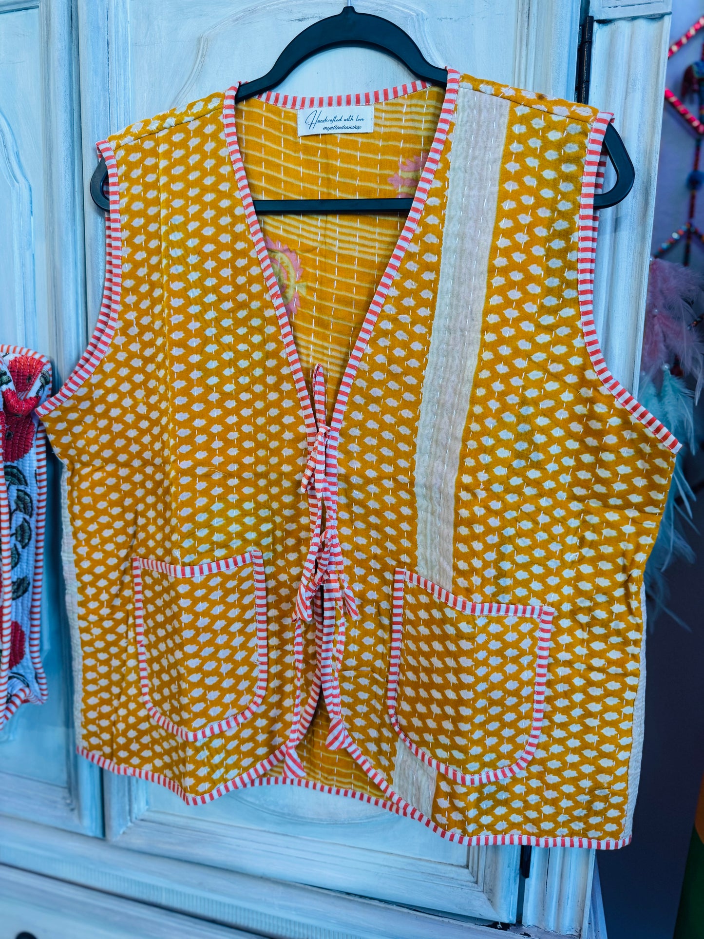 Handmade Reversible Kantha Vest – Honey | 100% Cotton Jacket
