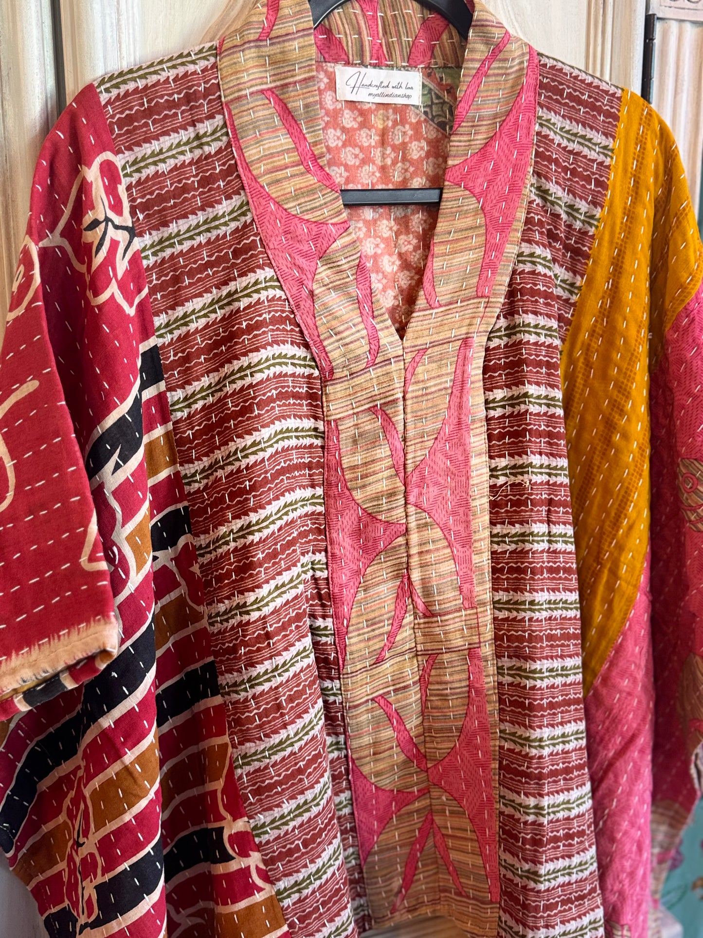 Handmade Kantha Poncho – Wild Rose Mosaic | Unisex | 100% Cotton Boho Top