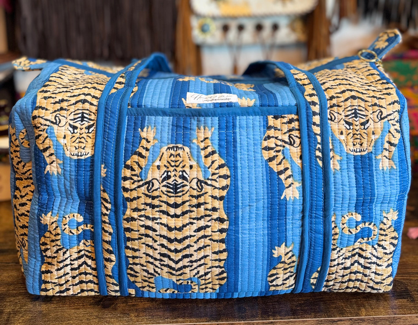Handmade Quilted Weekender Bag – Tiger Print Travel Duffel – Blue