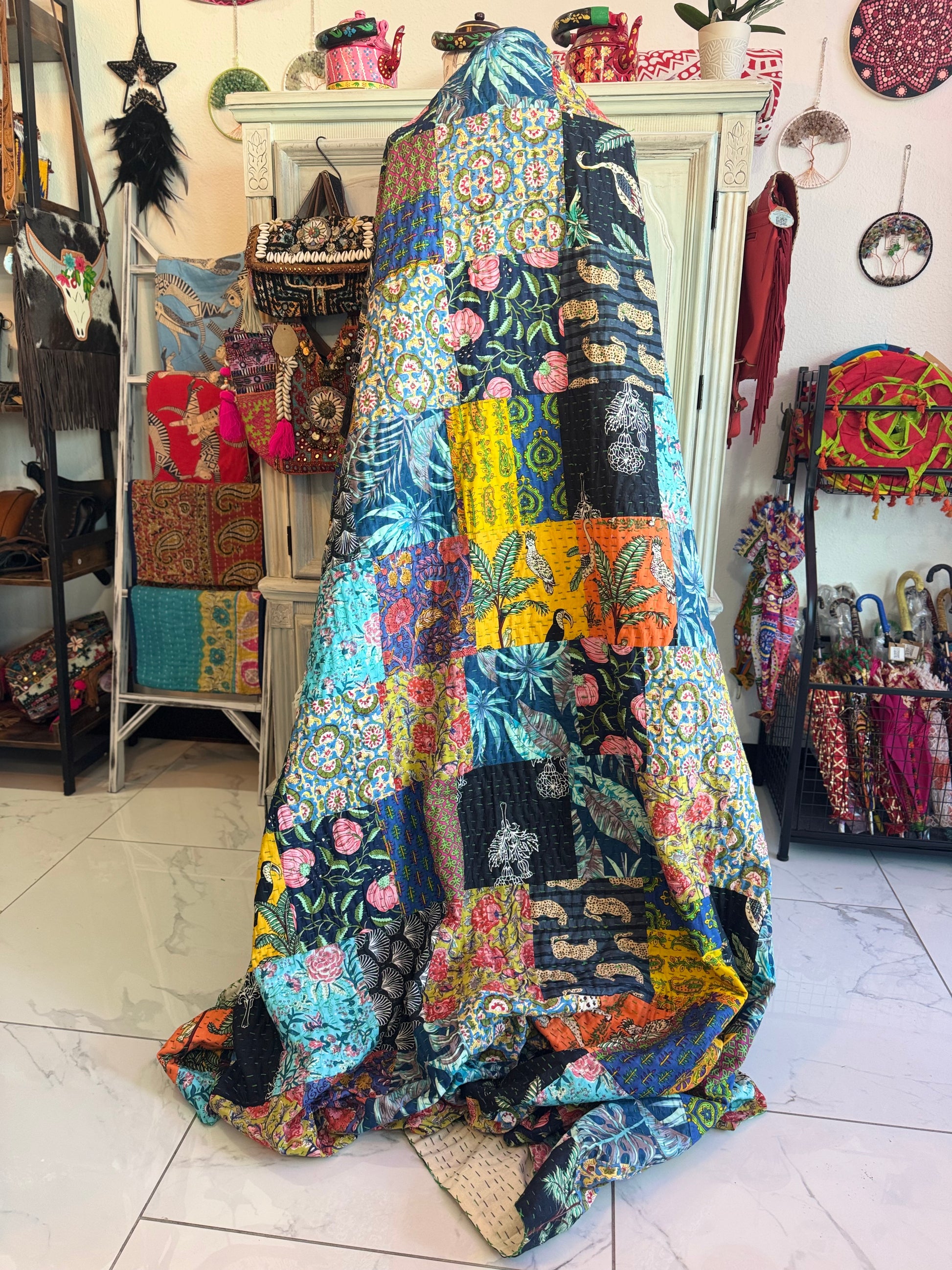 Handmade kantha blanket with over 180 patches perfect for Queen Bed