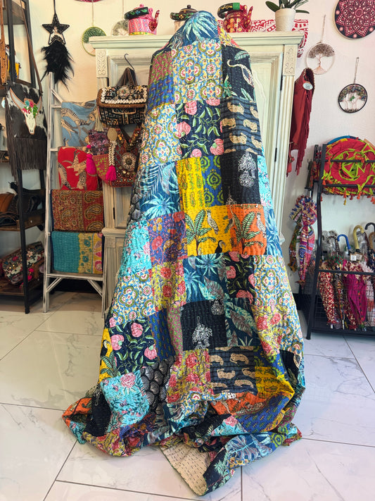 Handmade kantha blanket with over 180 patches perfect for Queen Bed