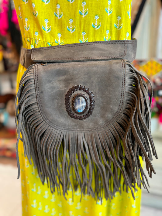 Brown Leather Fringe Belt Bag with Stone Accent – 100% Genuine Leather