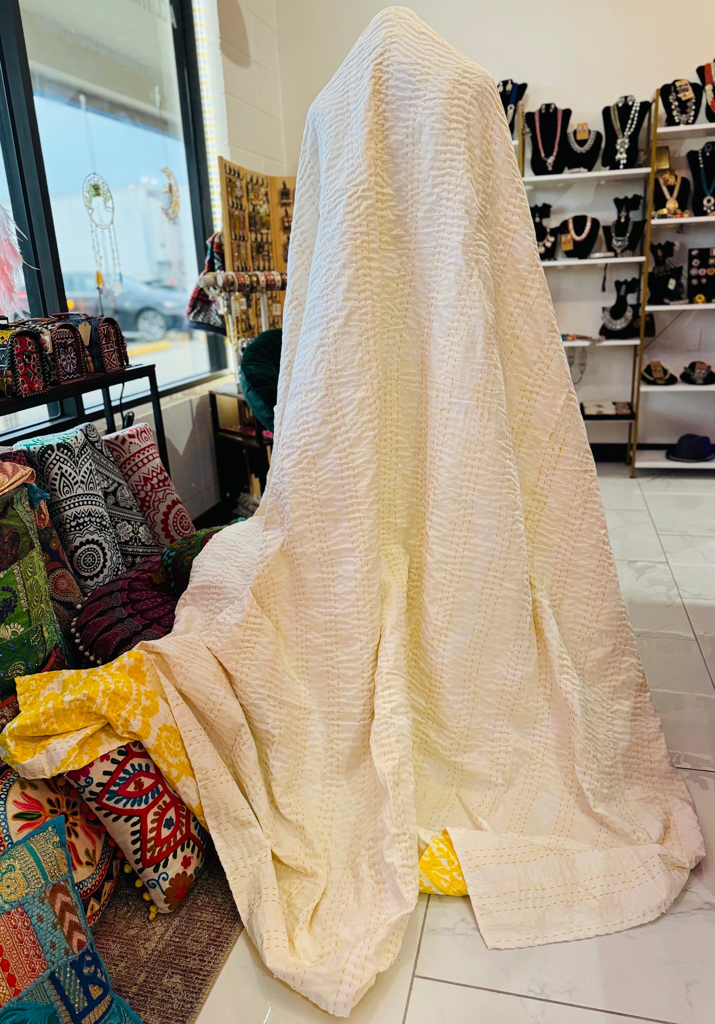 Boho Sun – Yellow Handblock Printed Kantha Quilt – 100% Cotton | Handmade