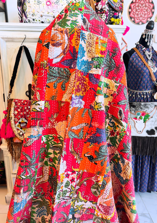 Red Patchwork Kantha Quilt | 100+ Patches | Solid Cotton Back | Queen Size 90x105 Handmade
