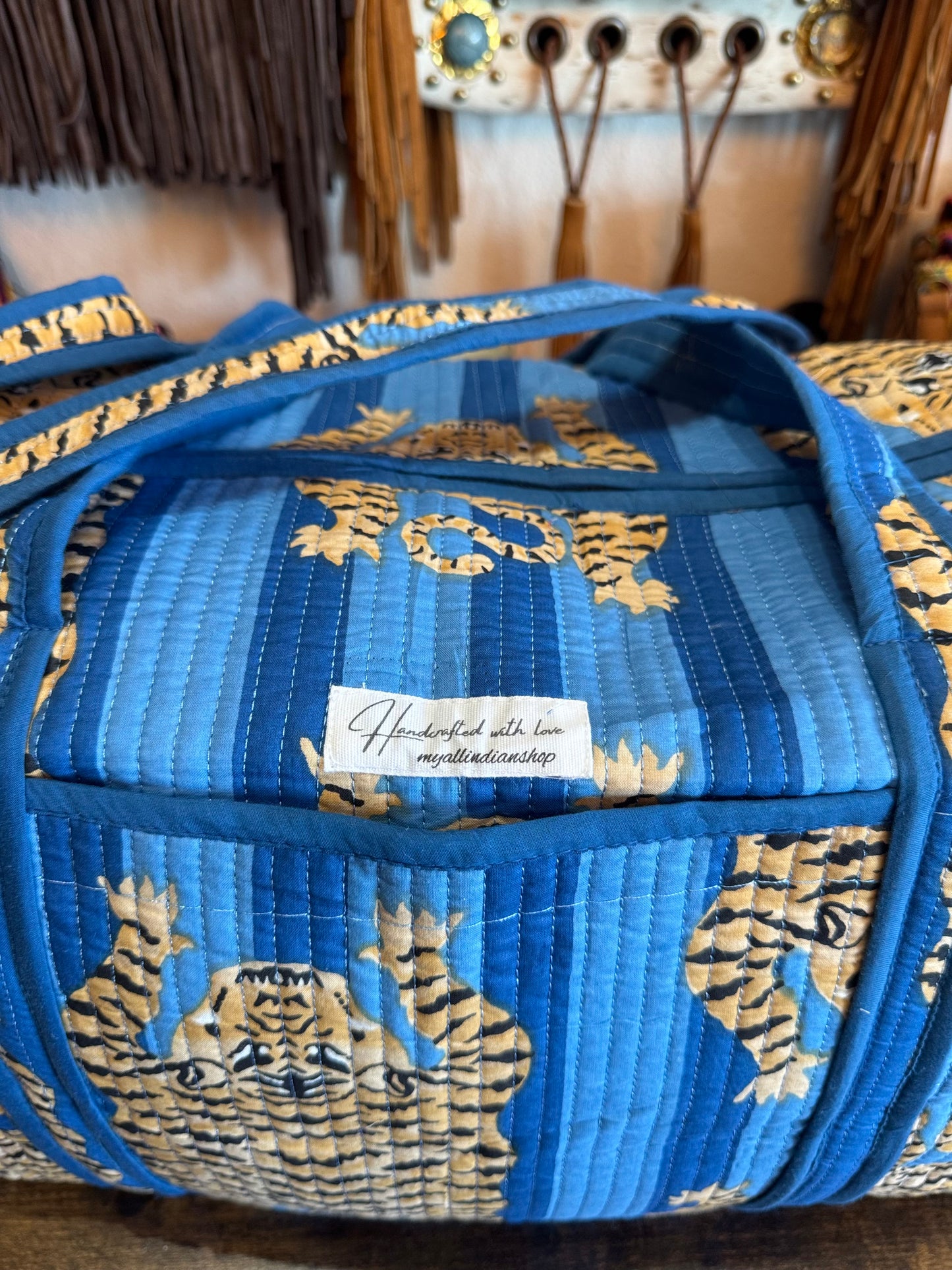 Handmade Quilted Weekender Bag – Tiger Print Travel Duffel – Blue