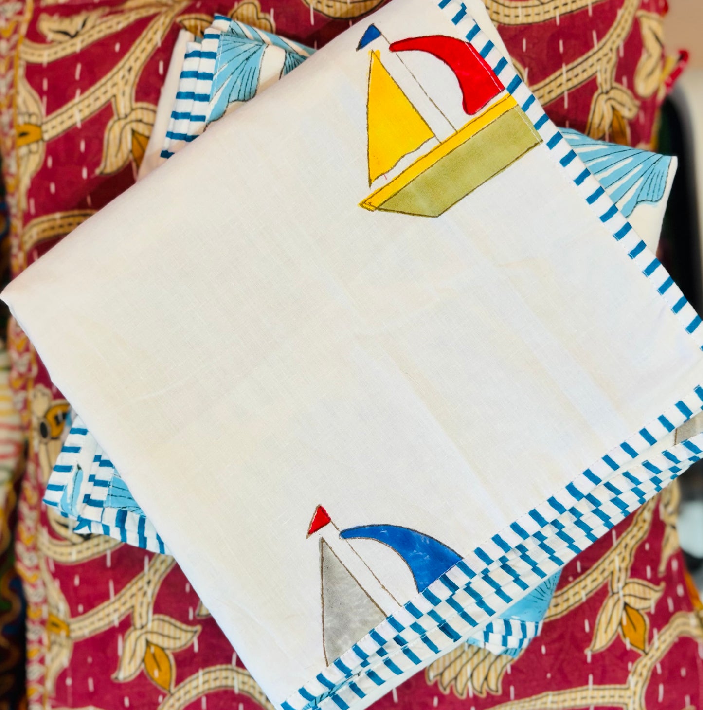 Reversible Cotton Dohar – Sailboats & Shells | Handmade Toddler Blanket