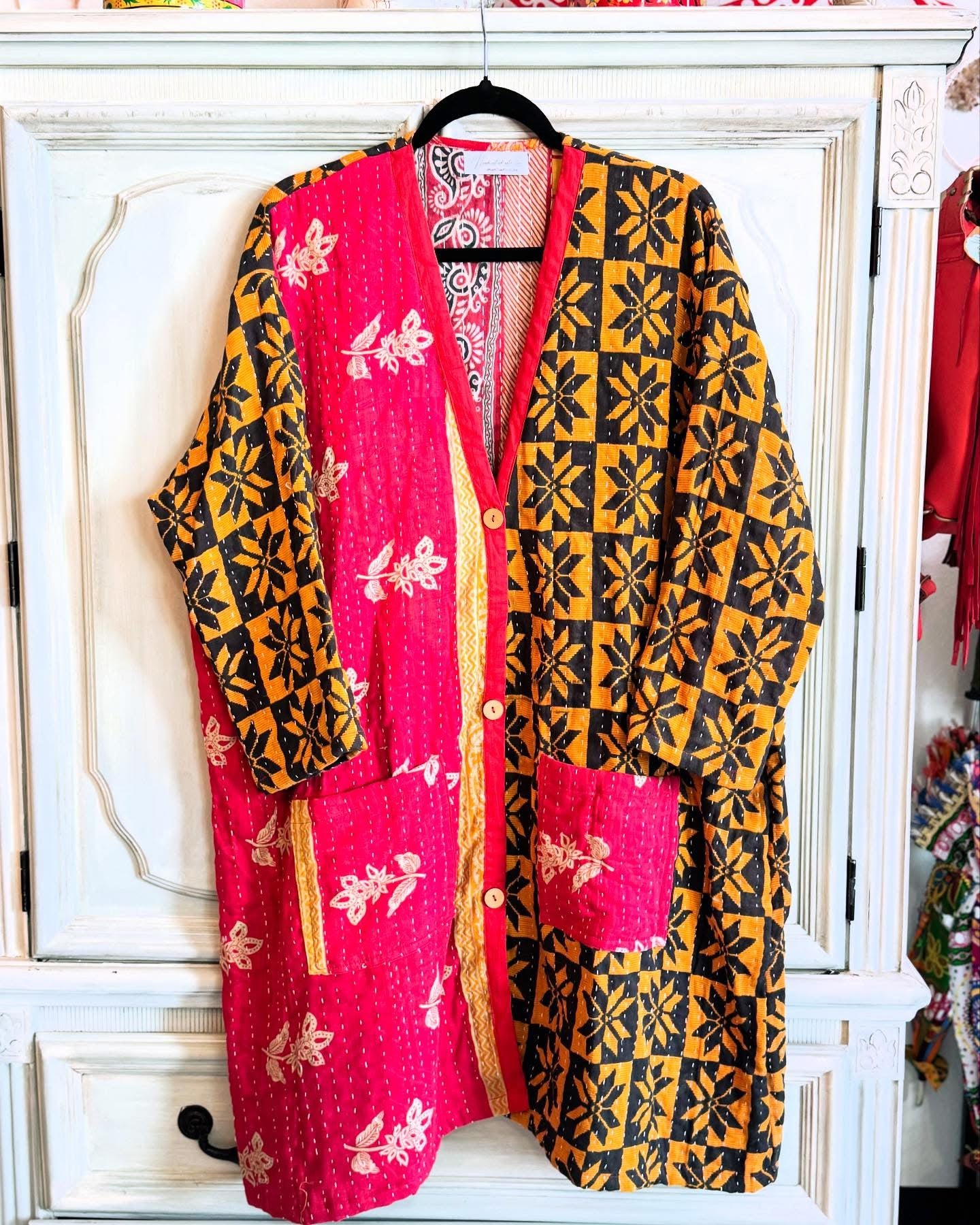 Reversible Kantha Kimono with Pink floral and mustard print made from 100% cotton saree quilts
