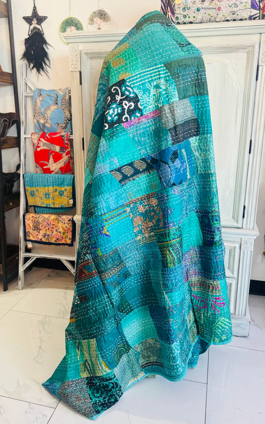 Silk Patchwork Quilt – Peacock – Twin/Throw – Handmade Kantha | Silk & Cotton