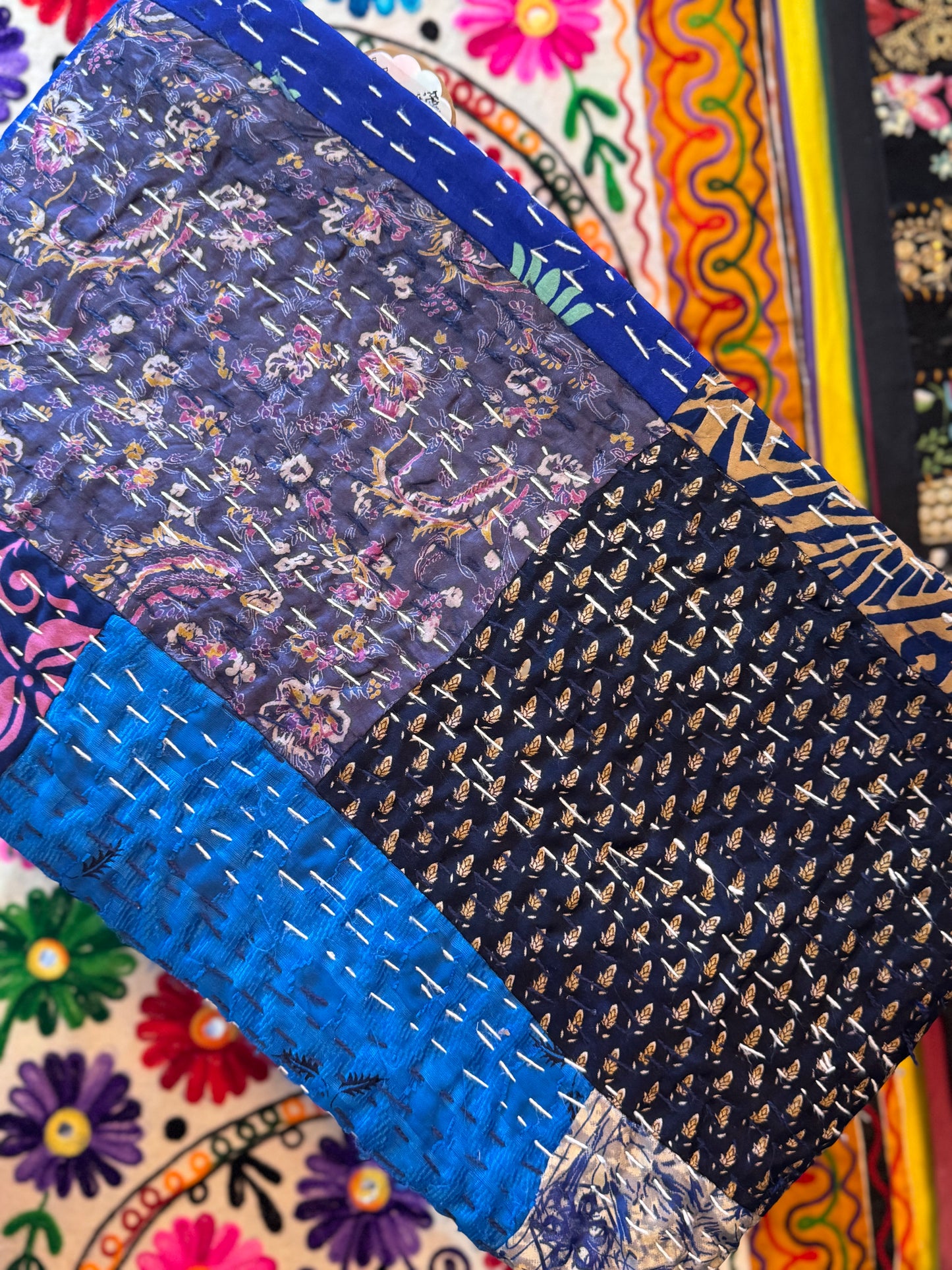 Silk Patchwork Kantha Quilt - Blue - Handmade | Silk | Cotton