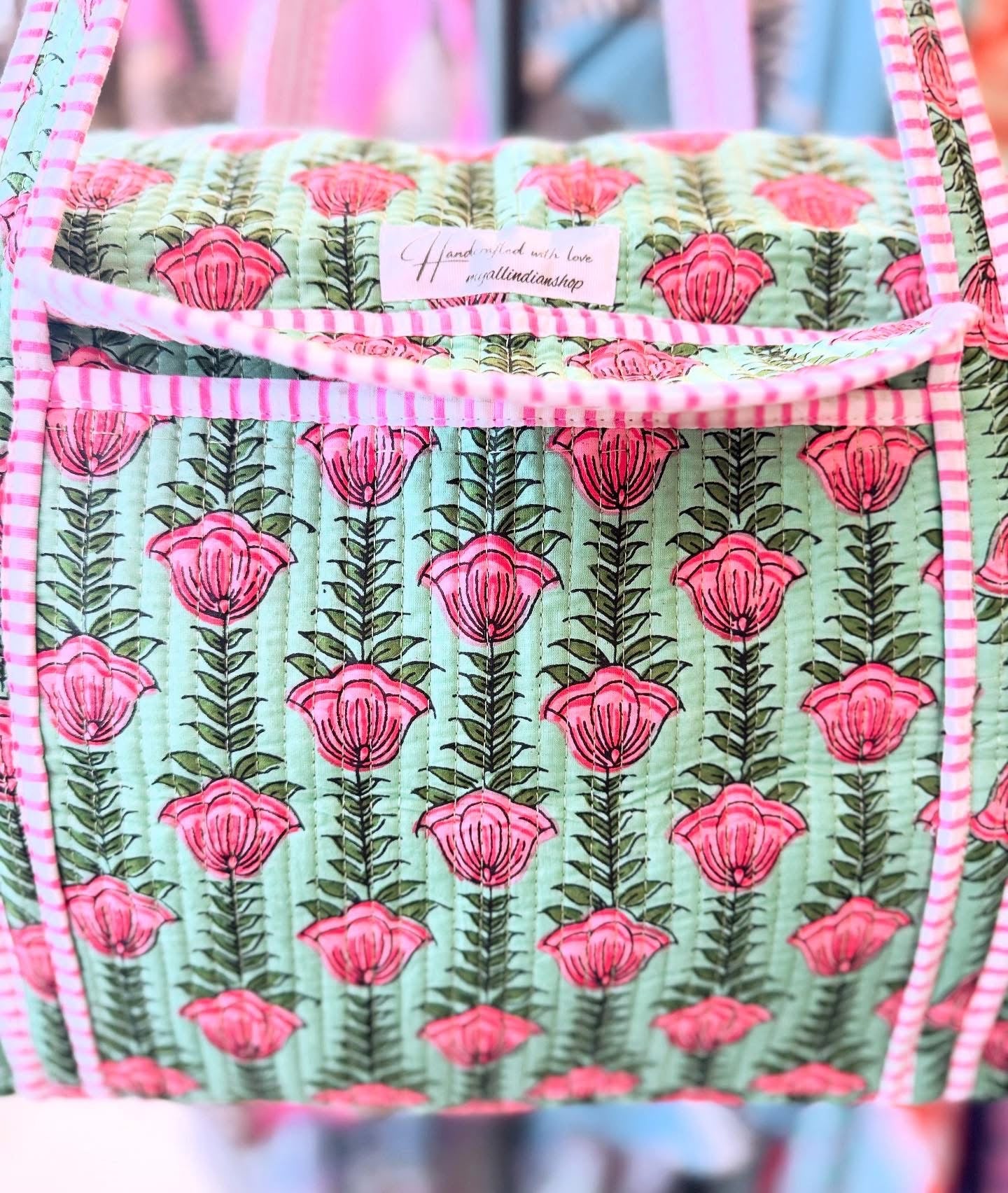 Handmade Quilted Weekender Bag – Pink Floral Block Print – Green
