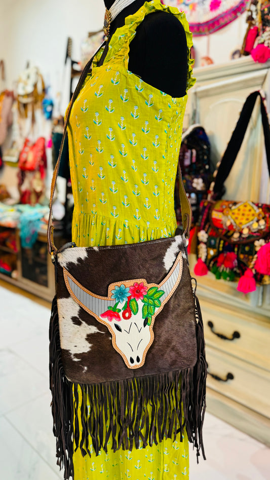 Western Cowhide Fringe Crossbody Bag – Desert Longhorn | Handmade Leather Boho Purse