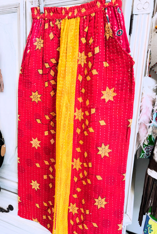 Sunrise Bloom – Handmade Kantha Cotton Pants | Wide Leg Boho Trousers | Pockets
