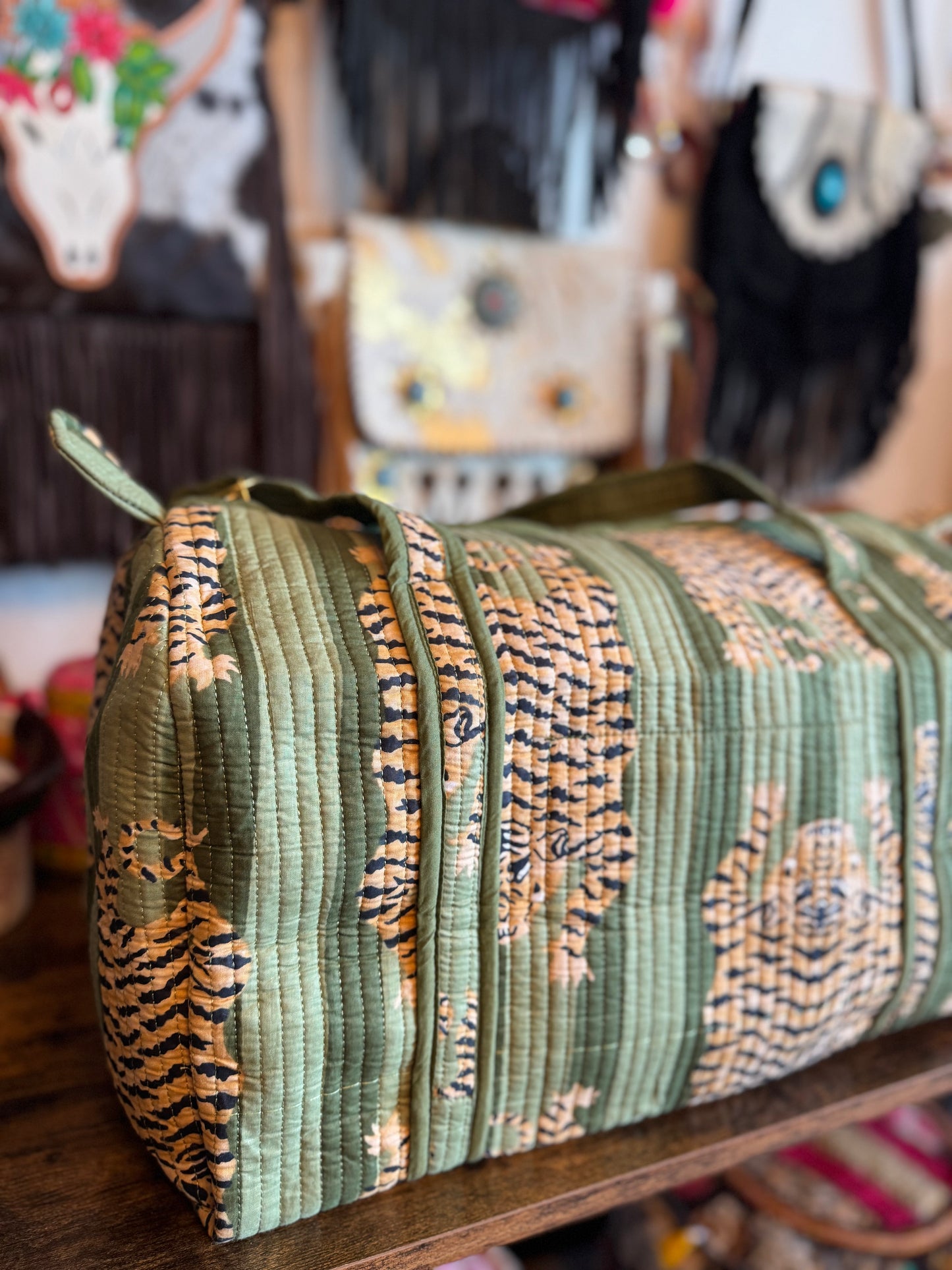 Handmade Quilted Weekender Bag – Tiger Print Travel Duffel - Green