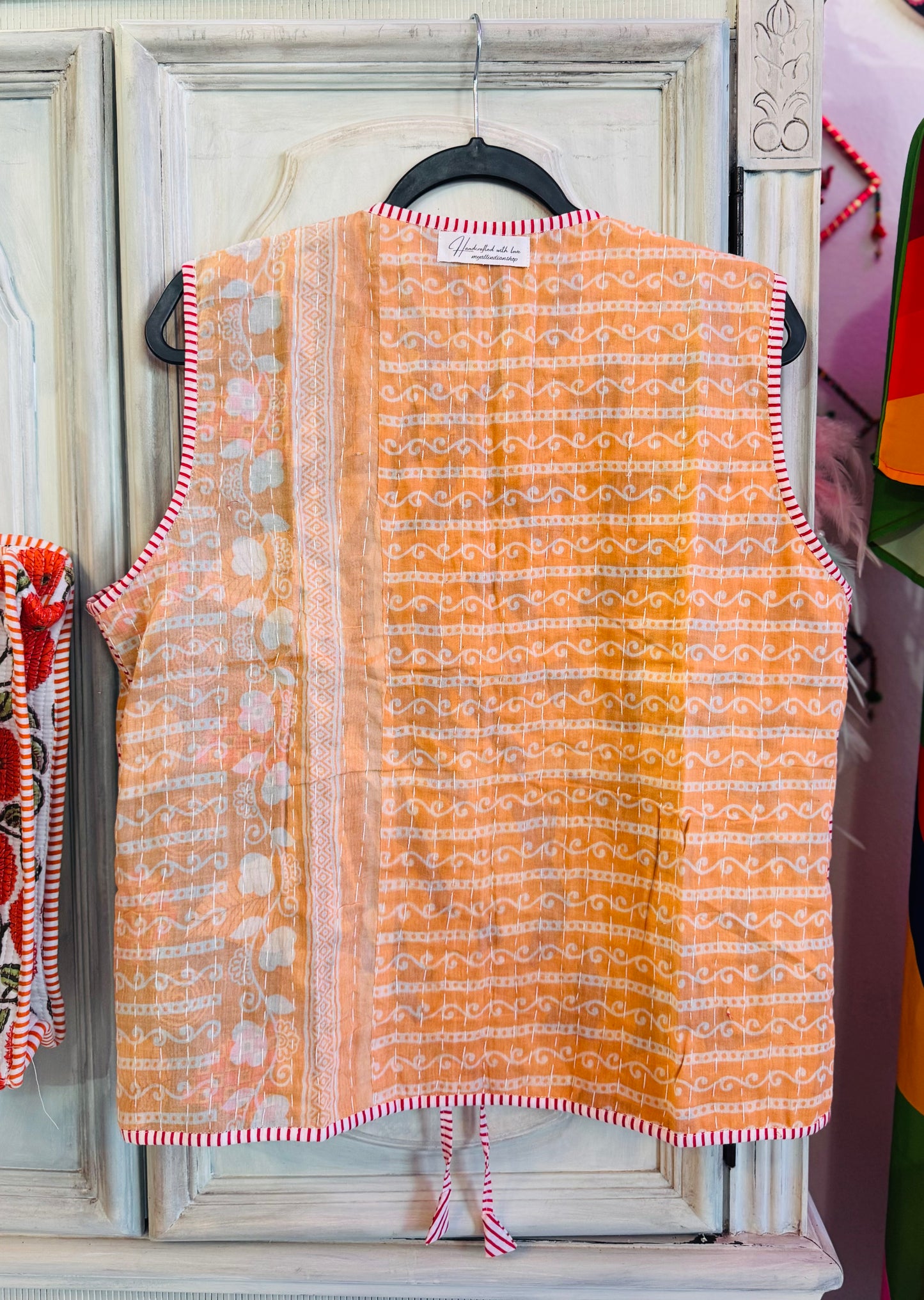 Handmade Reversible Kantha Vest – Saffron | 100% Cotton Jacket