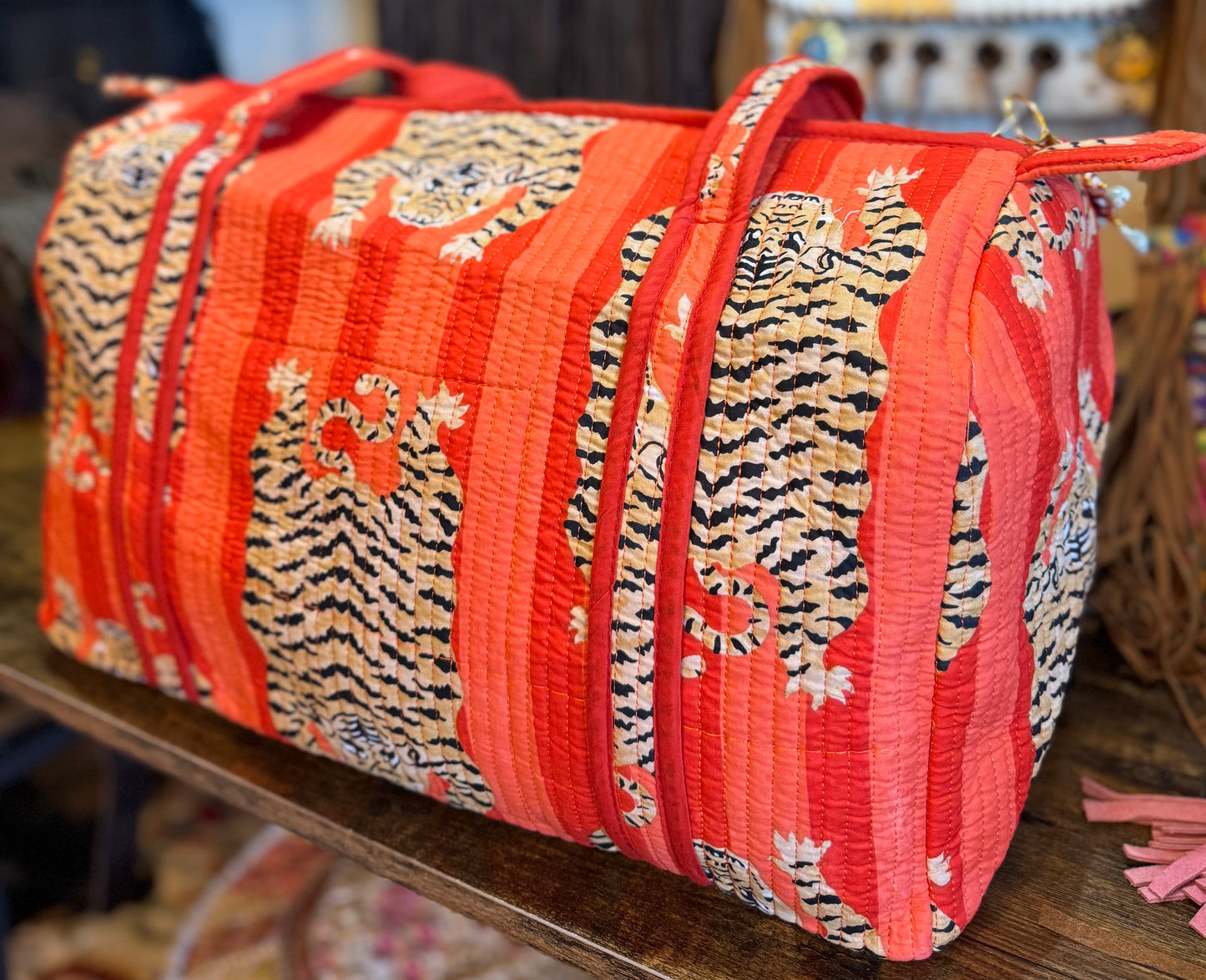 Handmade Quilted Weekender Bag – Tiger Print Travel Duffel – Orange