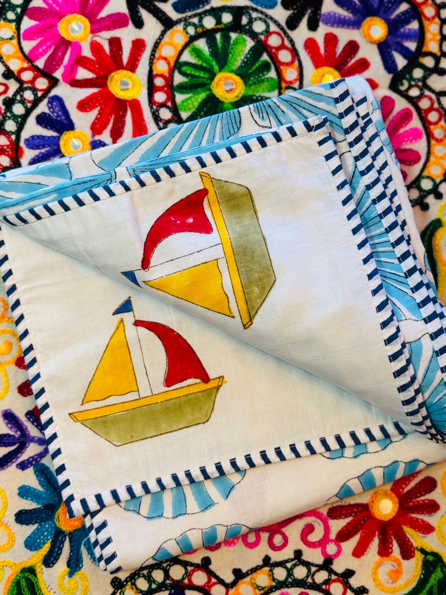 Reversible Cotton Dohar – Sailboats & Shells | Handmade Toddler Blanket