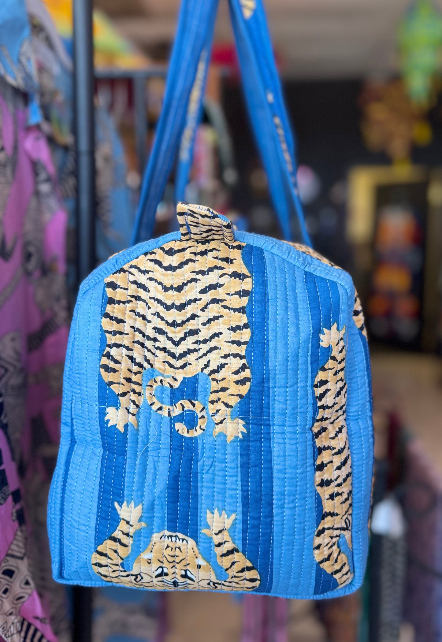 Handmade Quilted Weekender Bag – Tiger Print Travel Duffel – Blue