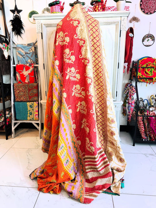 Teal Saree Kantha Quilt – Handmade Queen Size Blanket