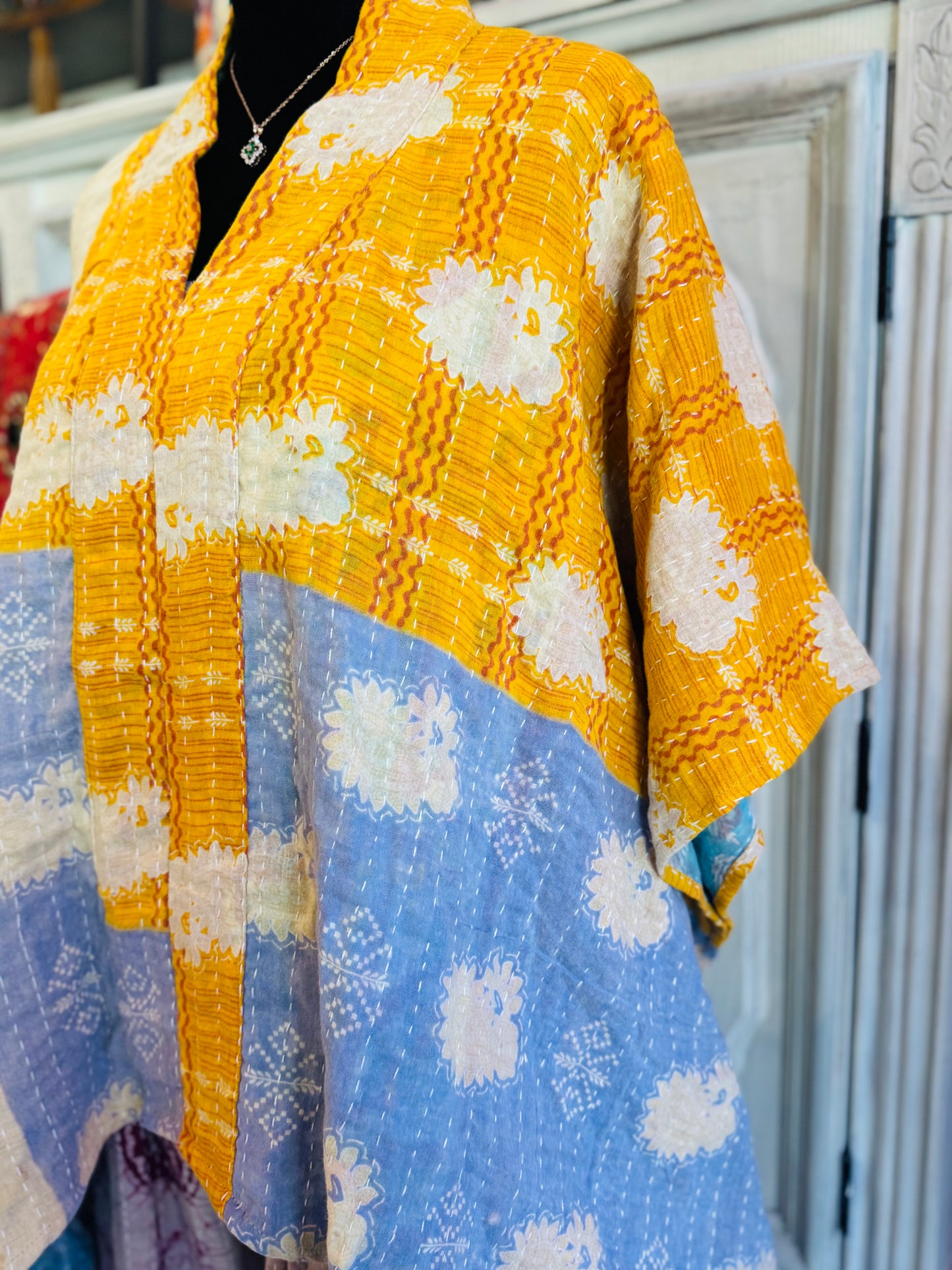 Handmade Kantha Poncho – Sunshine Bloom | Unisex | 100% Cotton Boho Top