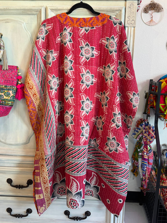 Handmade Kantha Dress – Floral Maroon | 100% Cotton | 2 Pockets