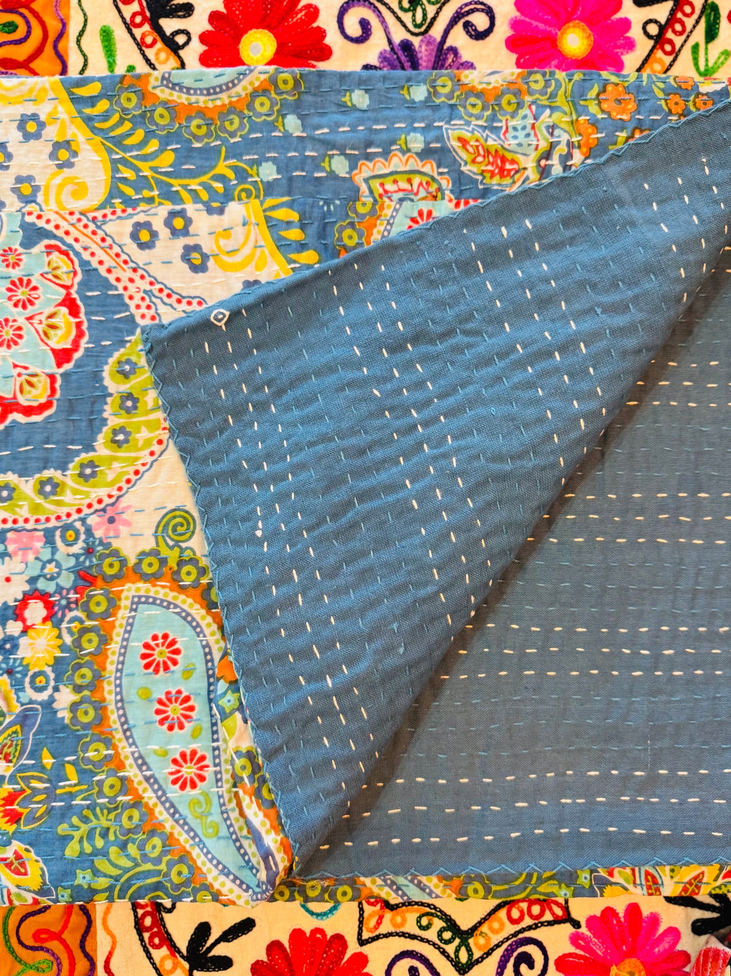Paisley Garden – Blue – Handblock Printed Kantha Quilt | Cotton | Handmade