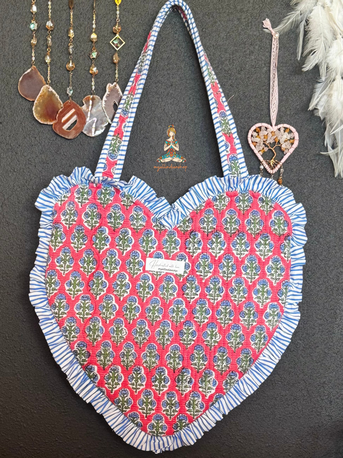Heart-Shaped Quilted Tote Bag | Hand Block-Printed 100% Cotton | Handmade Zipper Tote