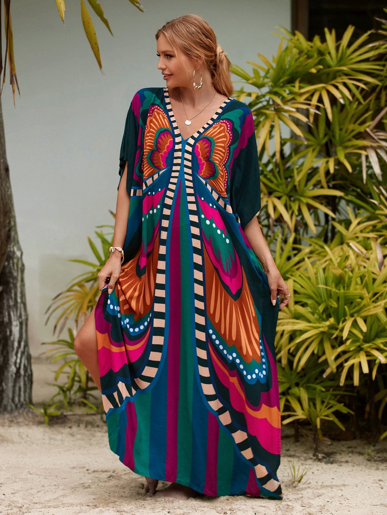Tropical Butterfly Glow Kaftan – Free Size, Colorful