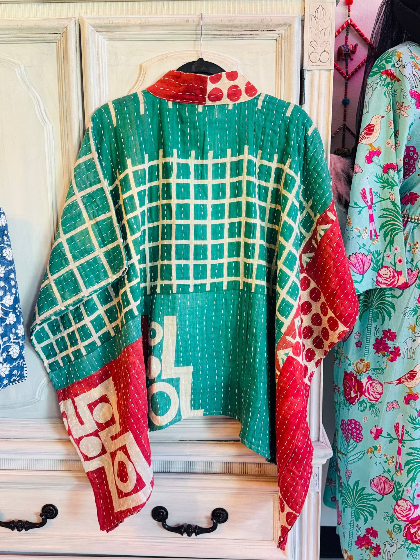 Handmade Kantha Poncho – Forest Grid Harmony | Unisex | 100% Cotton Boho Top