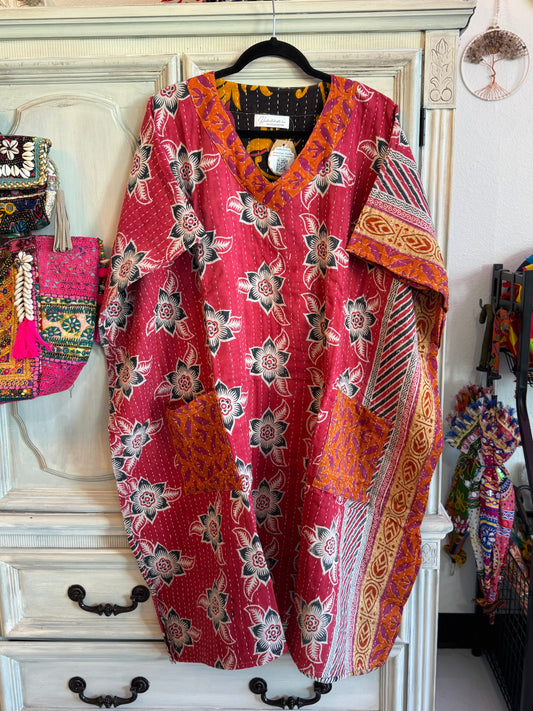 Handmade Kantha Dress – Floral Maroon | 100% Cotton | 2 Pockets