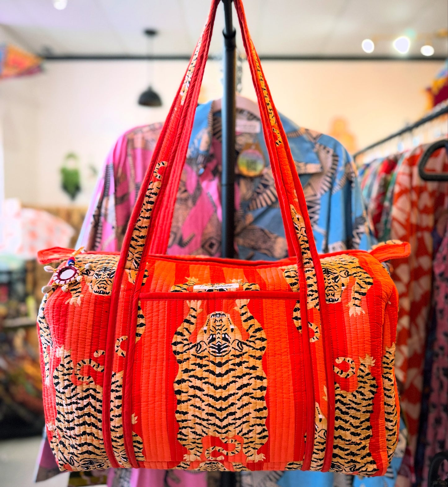Handmade Quilted Weekender Bag – Tiger Print Travel Duffel – Orange