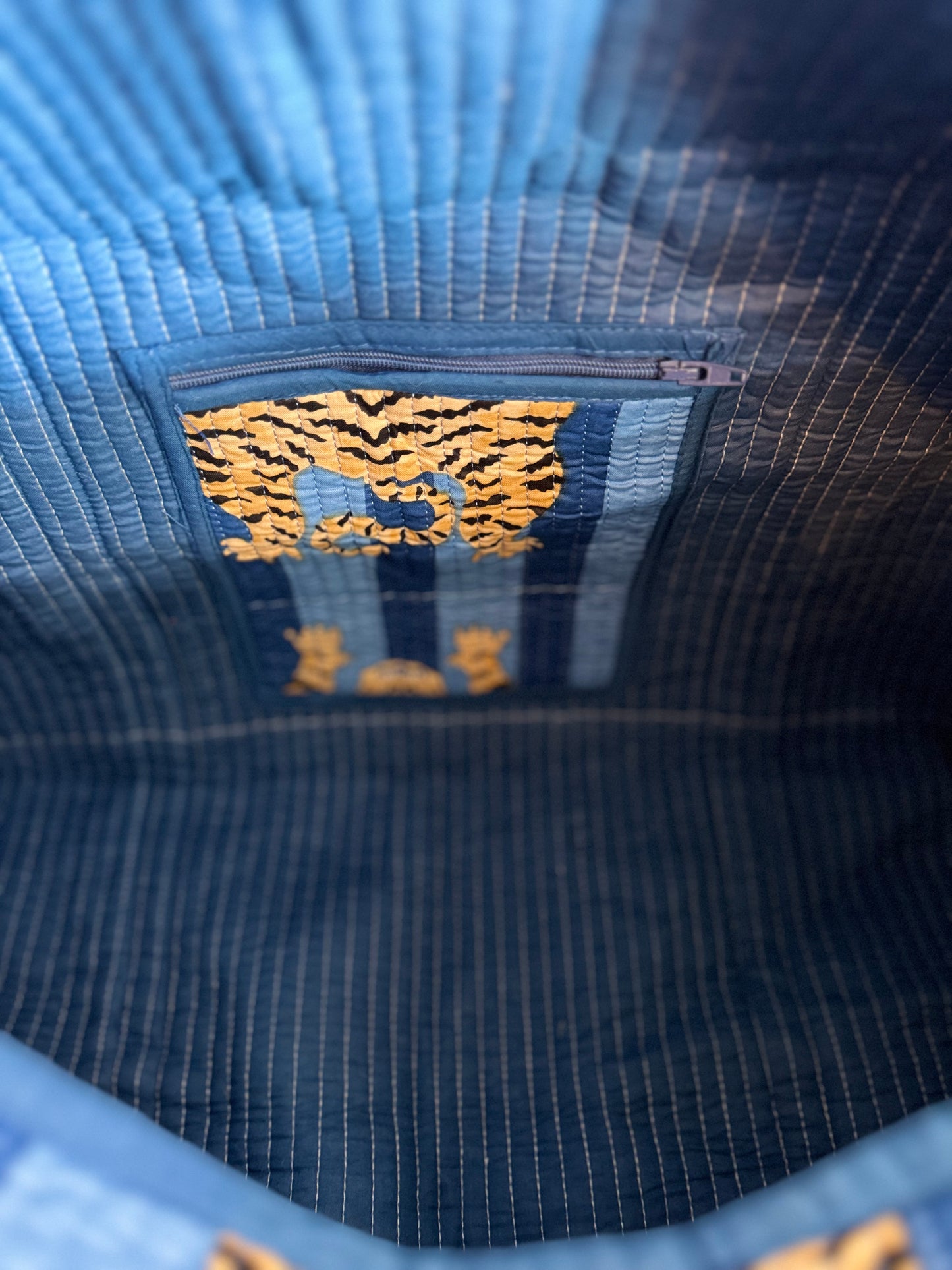 Handmade Quilted Weekender Bag – Tiger Print Travel Duffel – Blue