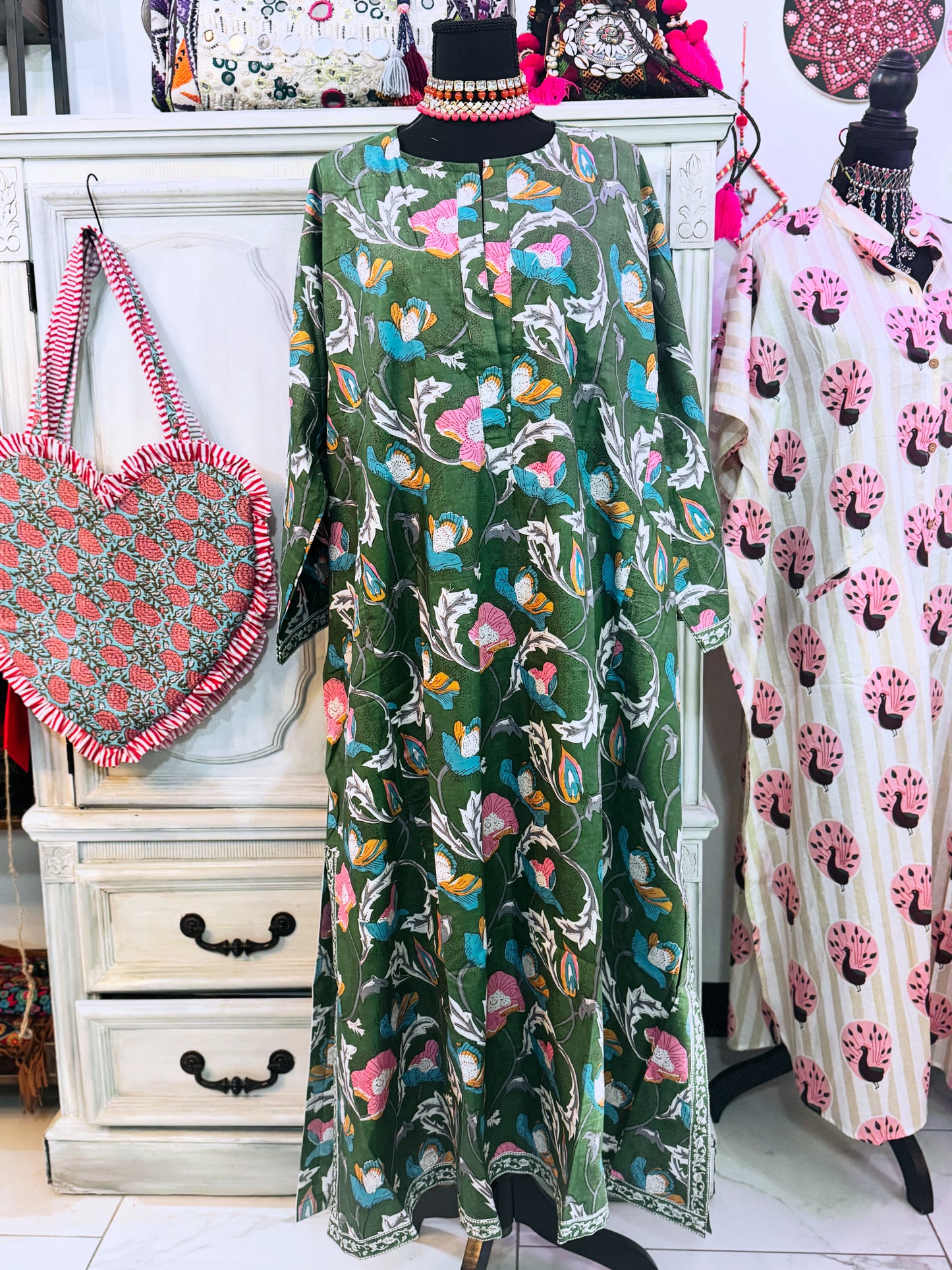 Emerald Bloom Hand Block Print Cotton Maxi Dress – Women’s Long Sleeve Dress with Pockets