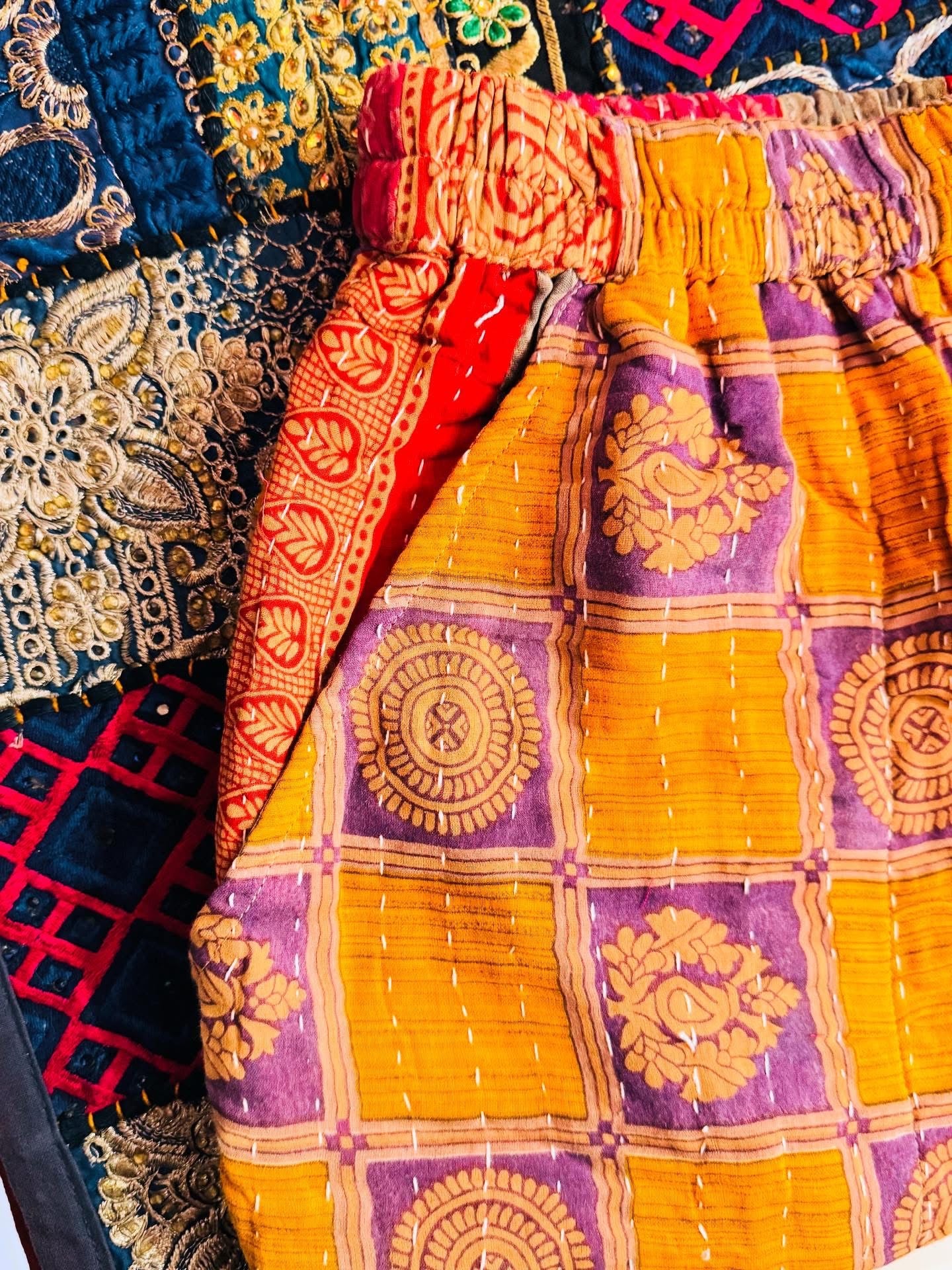Saffron Squares – Handmade Kantha Cotton Pants | Wide Leg Boho Trousers