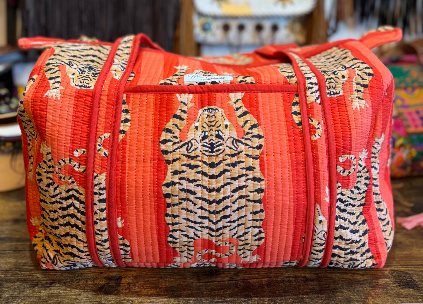 Handmade Quilted Weekender Bag – Tiger Print Travel Duffel – Orange