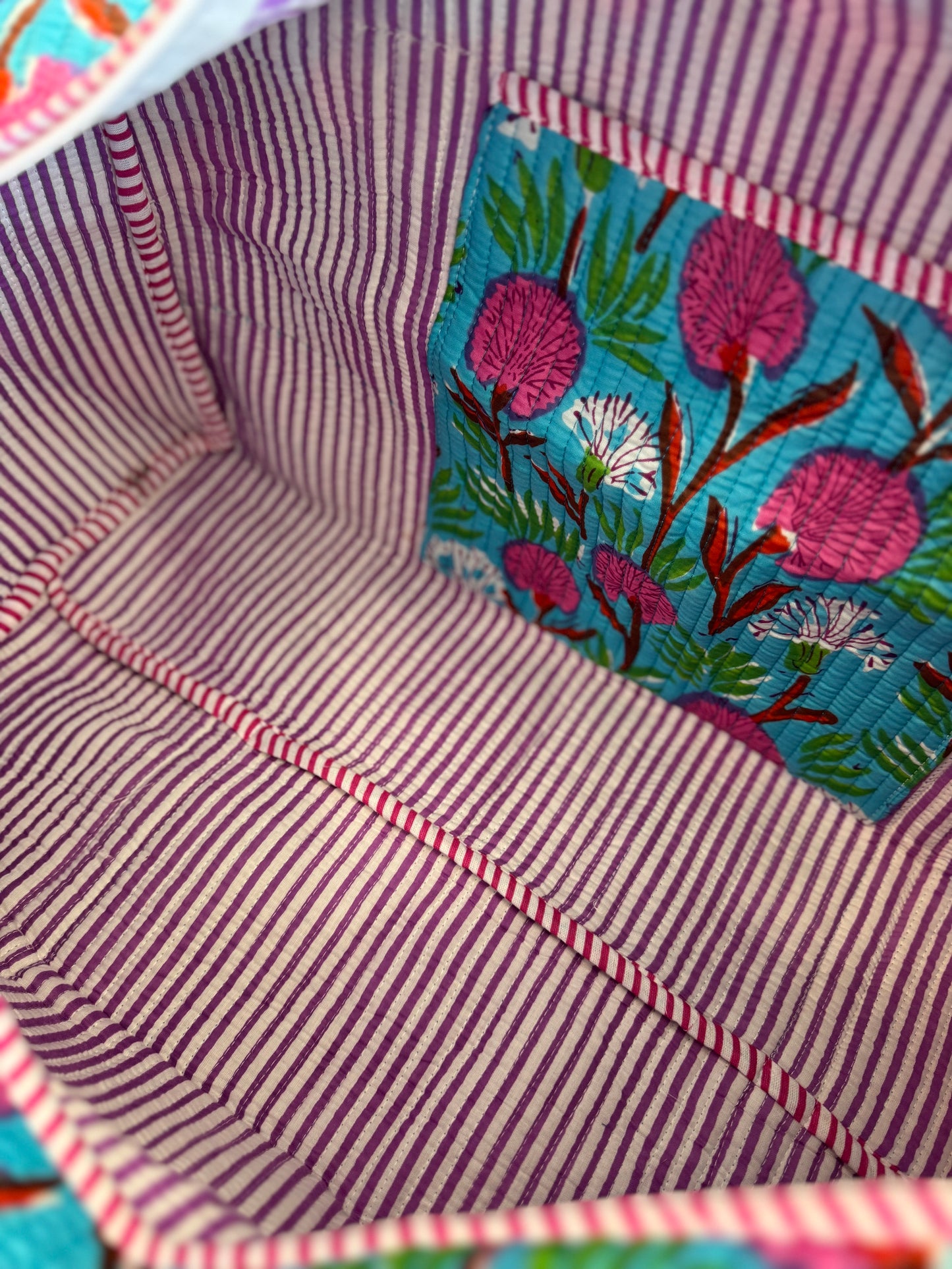 Handmade Quilted Weekender Bag – Blue Floral Print Travel Duffel