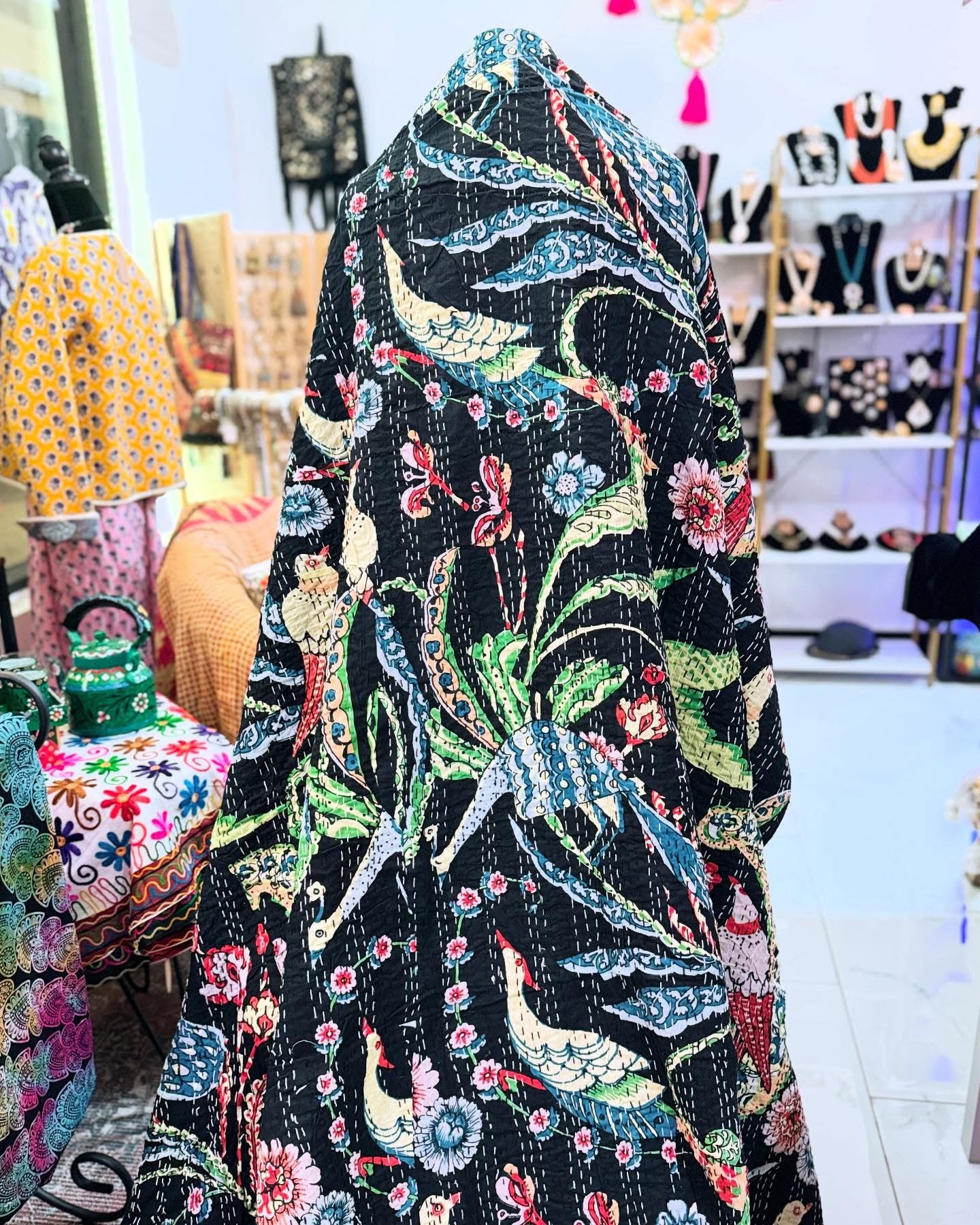 Peacock & Co.- Black Handblock Printed Kantha Quilt – 100% Cotton | Handmade
