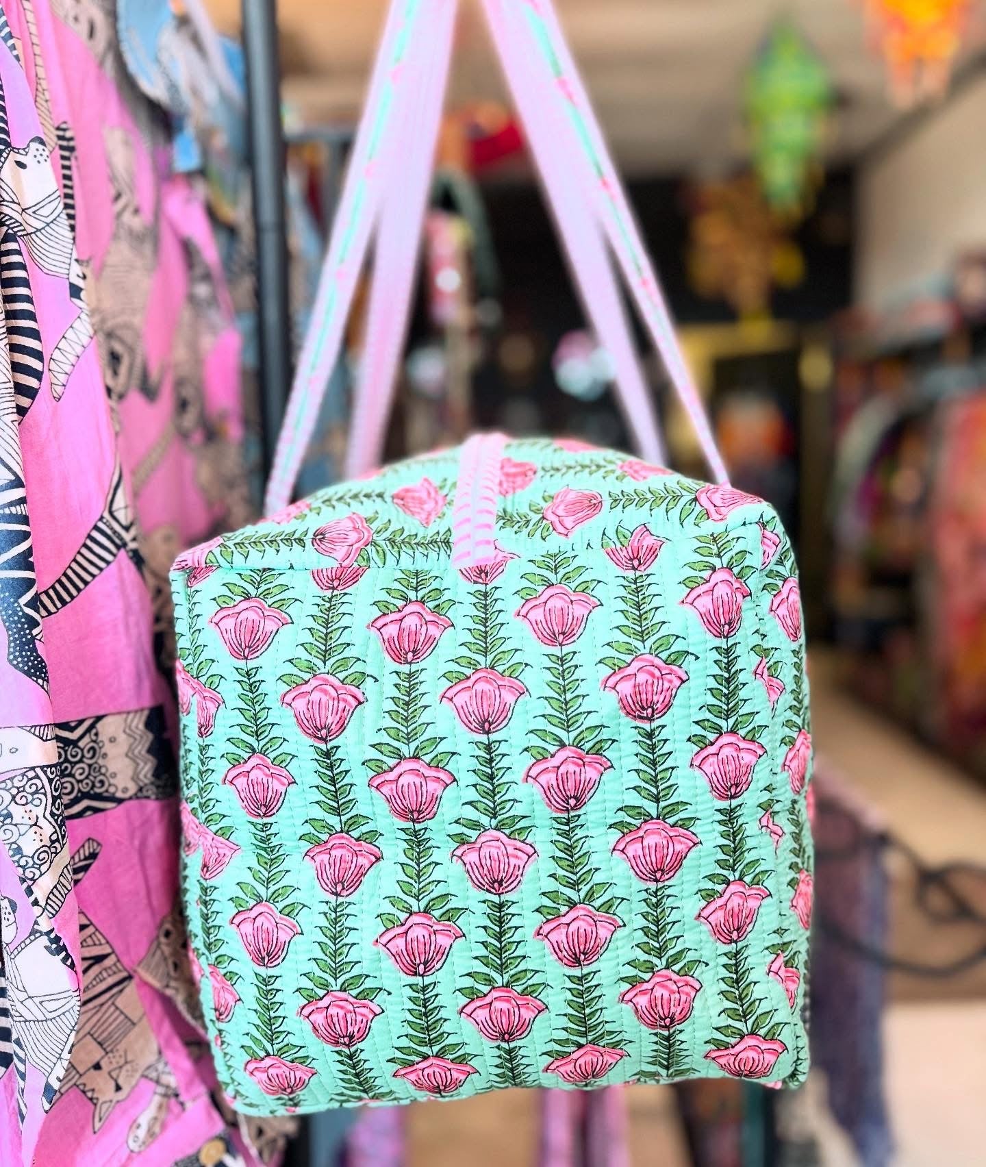 Handmade Quilted Weekender Bag – Pink Floral Block Print – Green