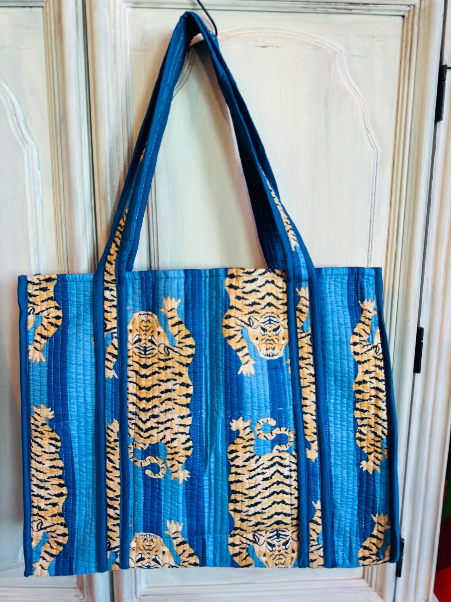 Blue Tiger Trail Tote – Handmade Quilted Cotton Bag | Boho Travel Tote