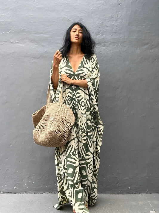 Sage Tribal Drawstring Kaftan – Adjustable Waist, Soft & Elegant
