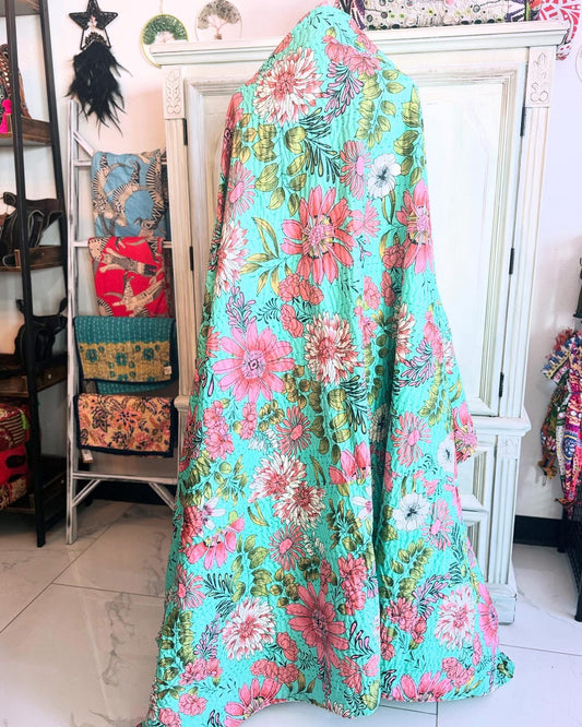 Big Flowers- Teal- Handblock Printed Kantha Quilt | Cotton | Handmade