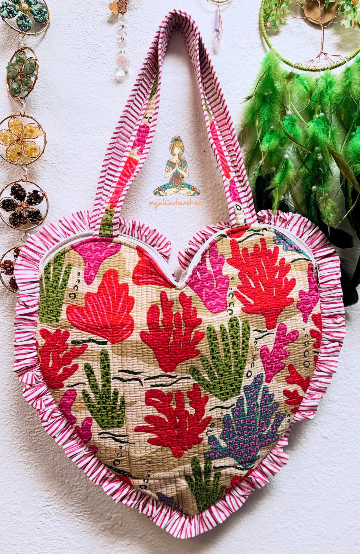 Heart Quilted Tote- Coral Reef - Zipper - Pocket