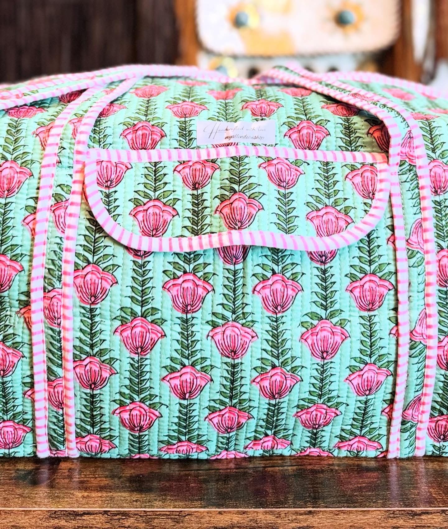 Handmade Quilted Weekender Bag – Pink Floral Block Print – Green