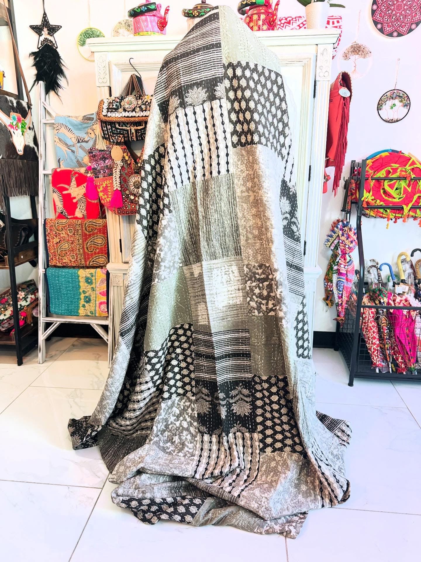 Handmade cotton kantha quilt in Black, White and Grey patches