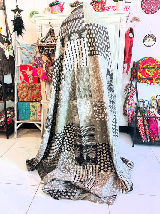 Handmade cotton kantha quilt in Black, White and Grey patches