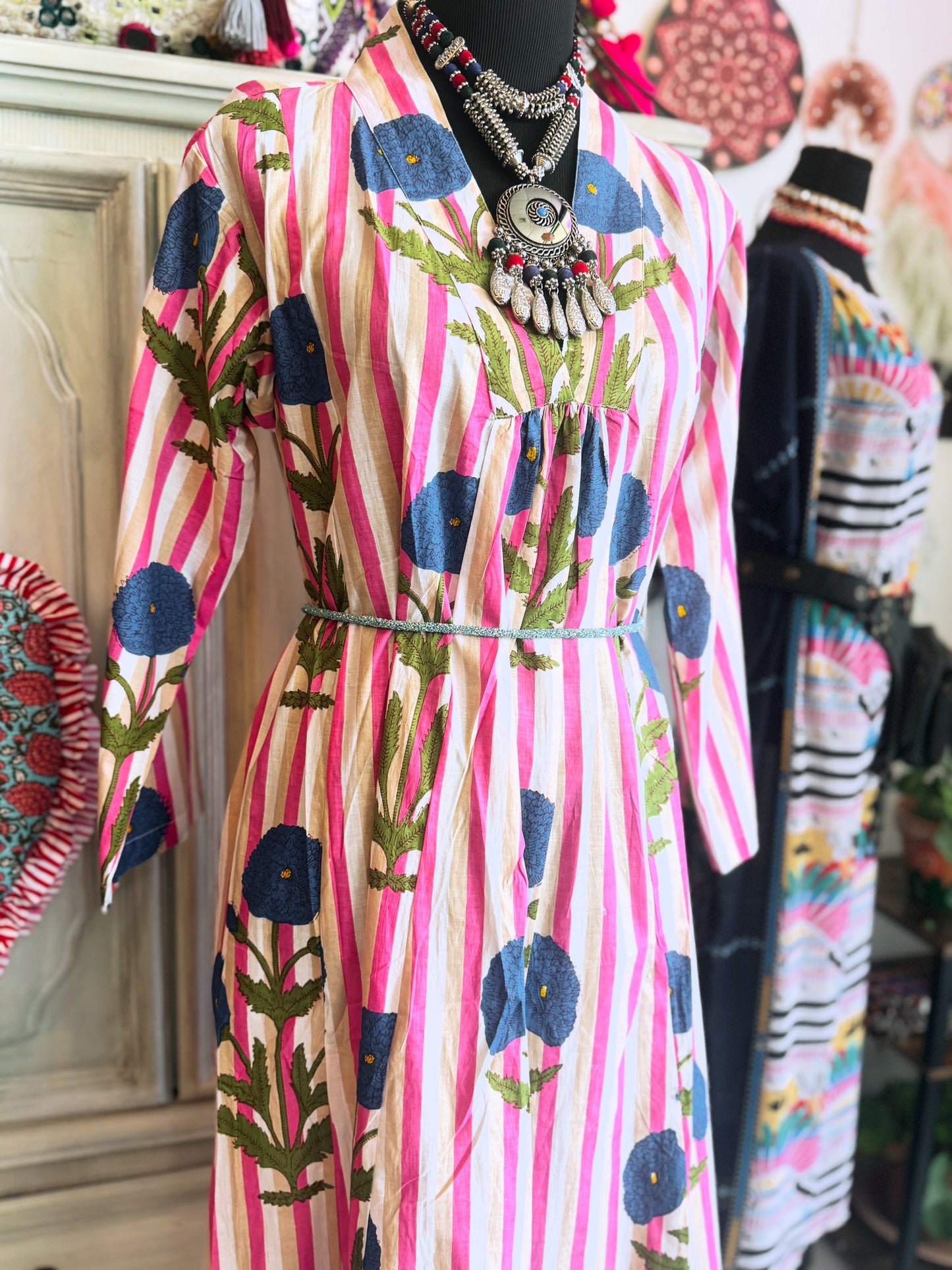 Hand Block Printed Cotton Midi Dress with Pockets – Pink Stripe Floral | One Size