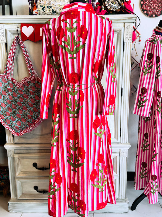 Hand Block Printed Cotton Midi Dress with Pockets – Pink Stripe Floral | One Size