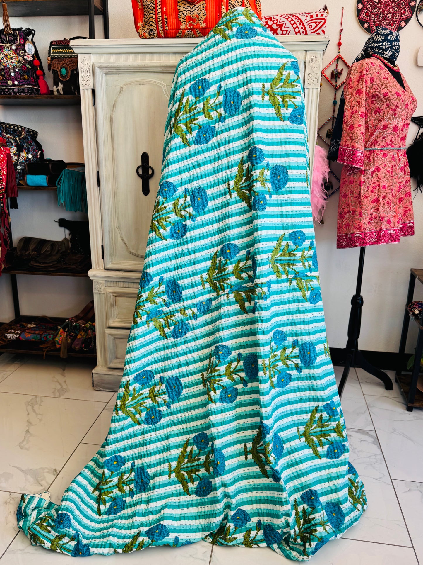 Ocean Bloom – Handblock Printed Kantha Quilt | Cotton | Handmade | Full Size