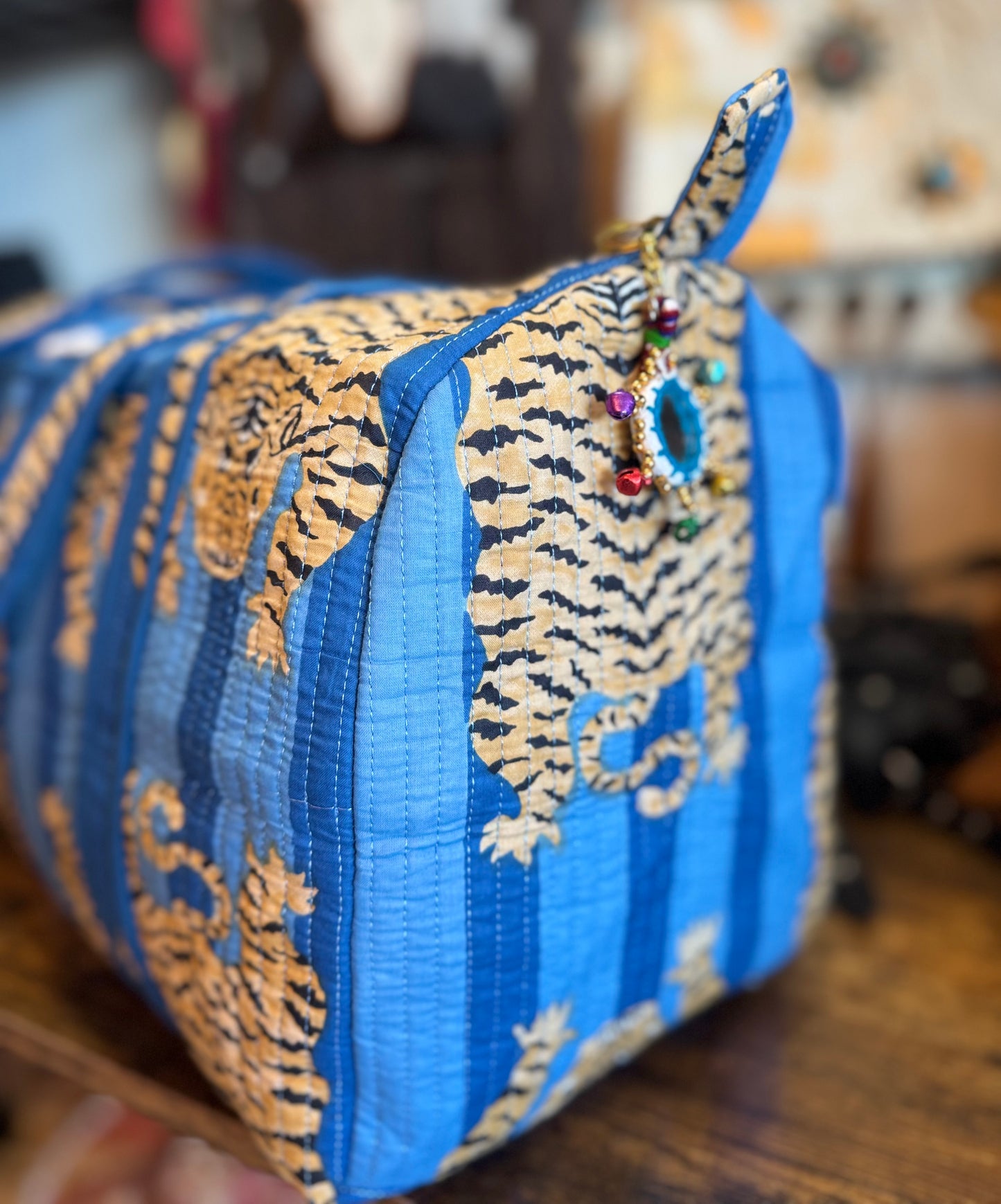 Handmade Quilted Weekender Bag – Tiger Print Travel Duffel – Blue