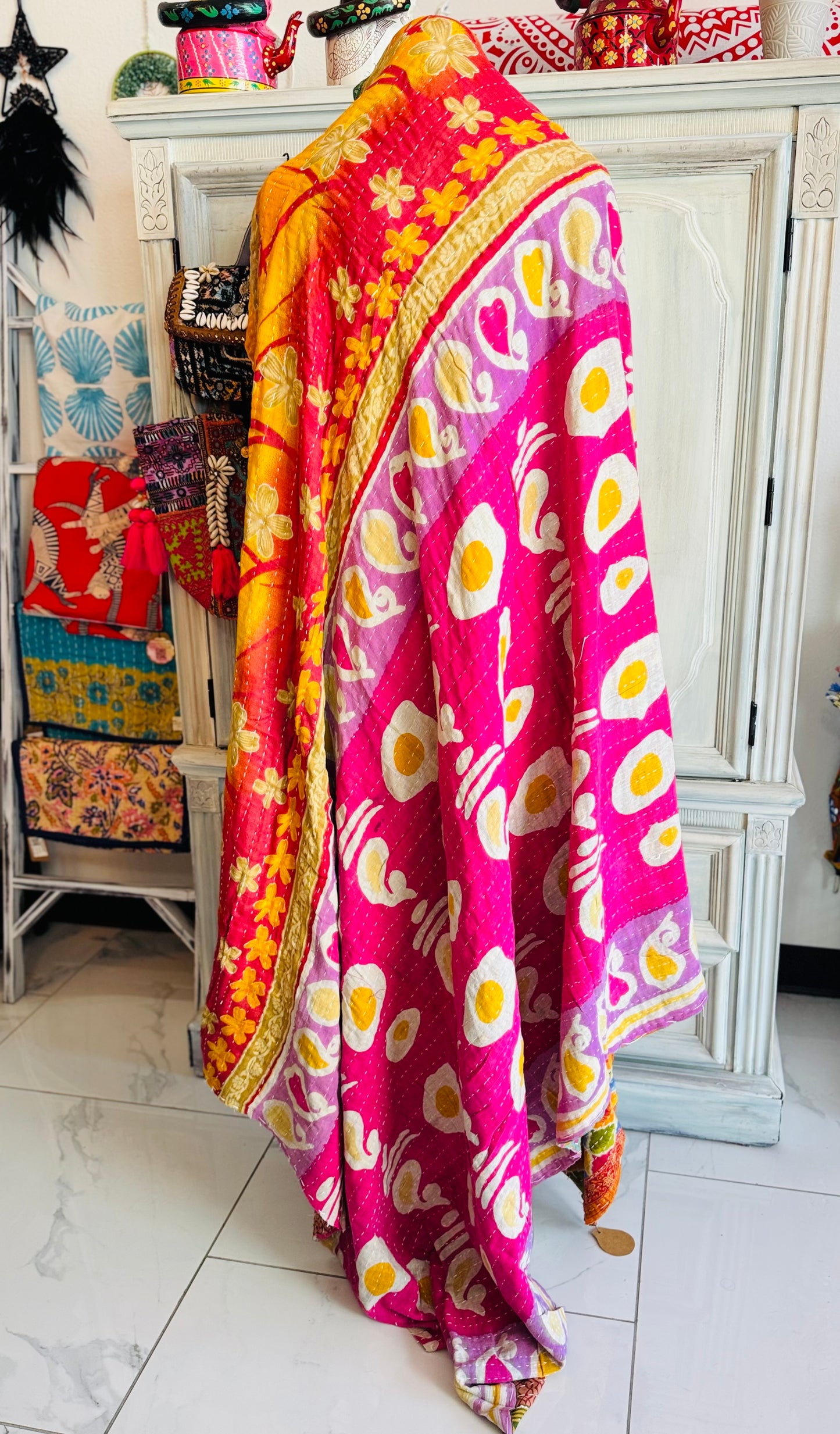 Green and More Saree Kantha Quilt – Twin Size - Throw Blanket