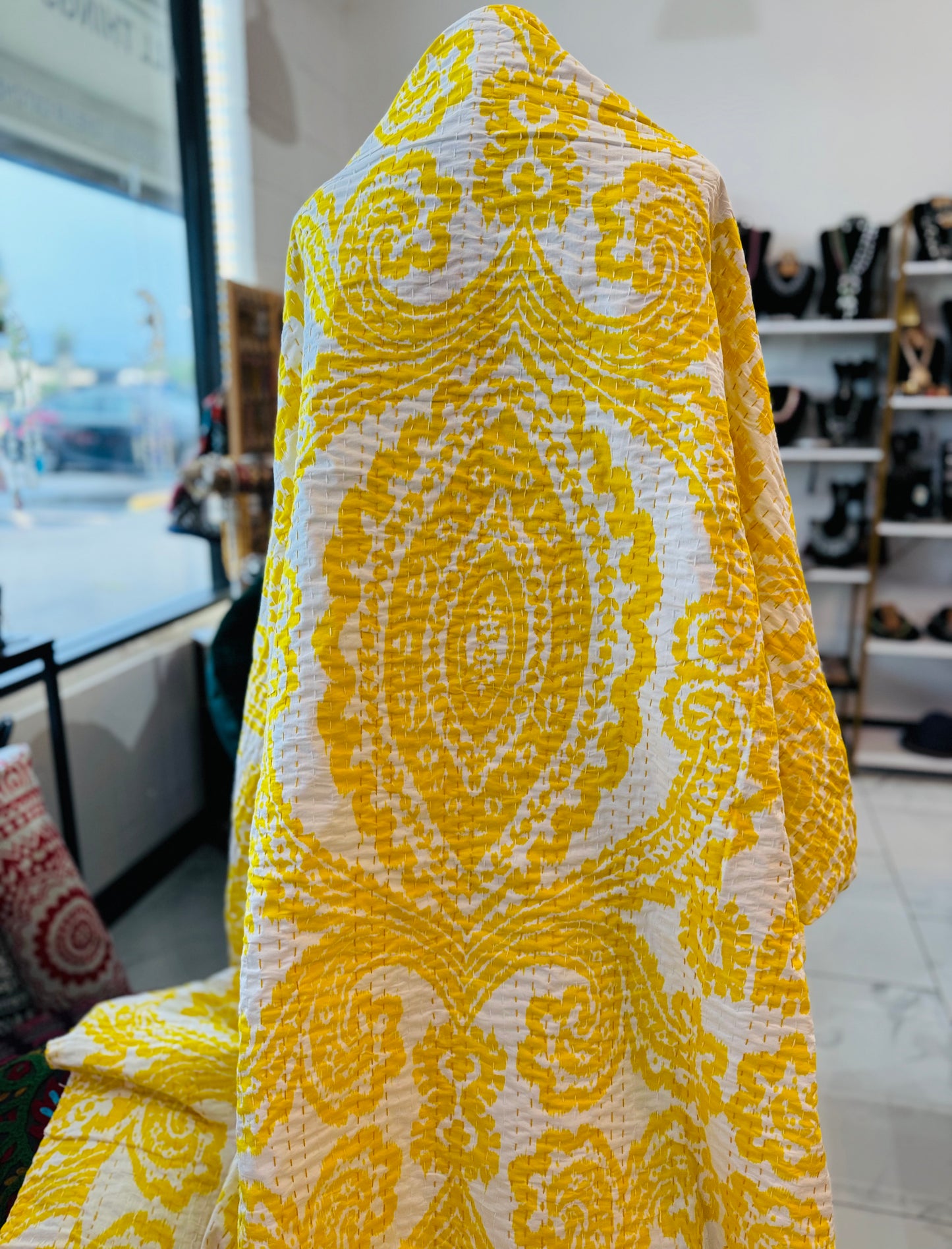 Boho Sun – Yellow Handblock Printed Kantha Quilt – 100% Cotton | Handmade